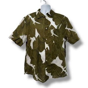 H&M Shirt Green White Leaf Print Short Sleeve Button Up Mens XL
